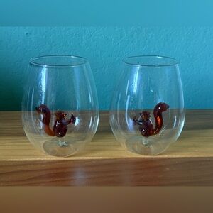 Two Stemless Wine Glasses with Brown Glass squirrel Inside 4.5”